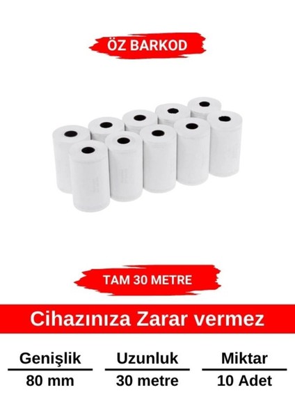 Termal Fiş Yazıcı Rulosu 80X30M – 10 Adet | Net Baskı, Gerçek Uzunluk, Cihaz Dostu | Adisyon Kağıdı