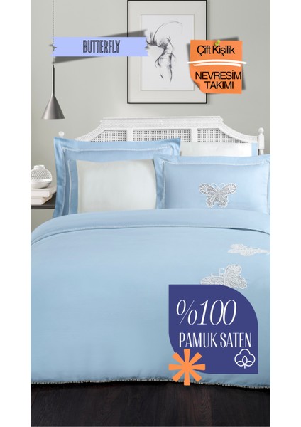 Butterfly V.1 %100 Pamuk Saten Standart Çift Kişilik Nevresim Takımı - Mavi