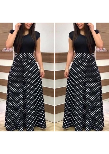 Kadın Kısa Kollu Puan Desen Tam Boy Krep Elbise