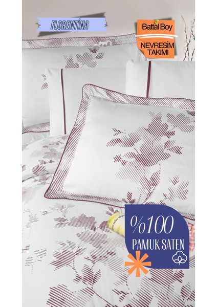 Florentina V.2 %100 Pamuk Saten King Size (XL/Battal) Nevresim Takımı - Beyaz-Mor Desen