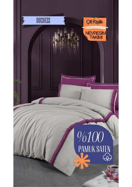 Duchess %100 Pamuk Saten Standart Çift Kişilik Nevresim Takımı - Gri Fuşya