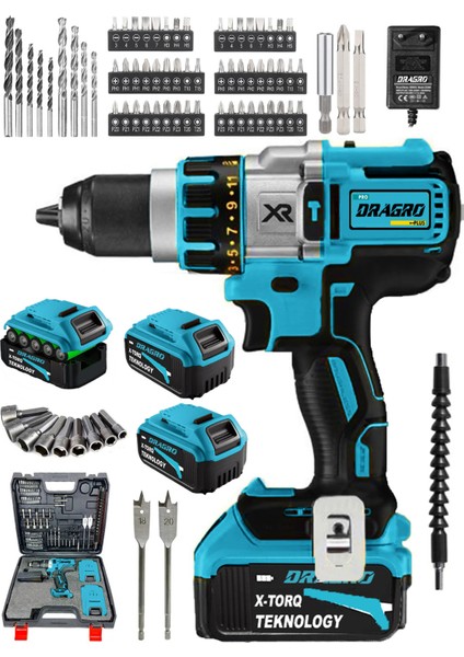 Alman 58 V 5 Ah Darbeli Bakır Sargili Metal Şanzuman Şarjlı Çift Akülü Vidalama Matkap-Xxr-Mavii Dragro-58v-5ah-Xxr-Mavii