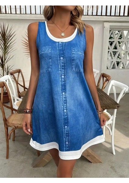 Kadın Büyük Beden Kot Görünümlü Yazlık Kolsuz Rahat Kesim Diz Üstü Elbise – Denim Şıklığı