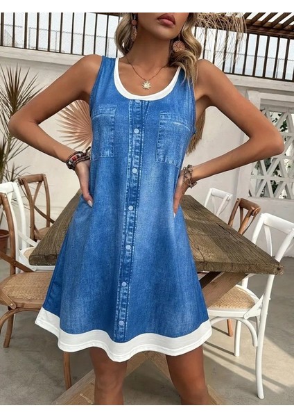 Kadın Büyük Beden Kot Görünümlü Yazlık Kolsuz Rahat Kesim Diz Üstü Elbise – Denim Şıklığı modelleri