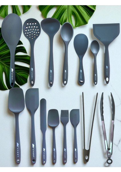 Isıya Dayanıklı Silikon Maşa Kevgir Kepçe Spatula Kaşık Seti (30-28-22-20 Cm) 15 Parça