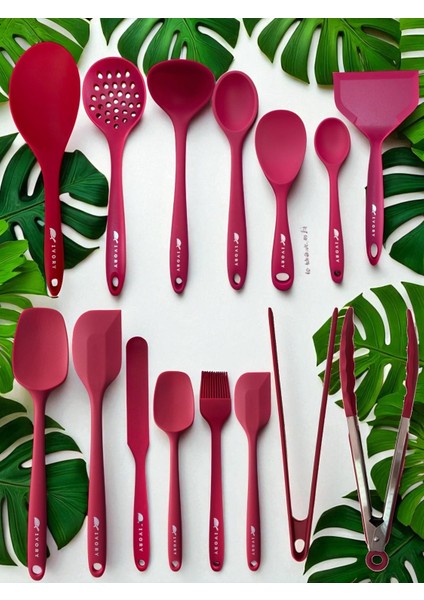 Isıya Dayanıklı Silikon Maşa Kevgir Kepçe Spatula Kaşık Seti (30-28-22-20 Cm) 15 Parça