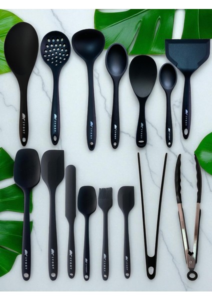 Isıya Dayanıklı Silikon Maşa Kevgir Kepçe Spatula Kaşık Seti (30-28-22-20 Cm) 15 Parça