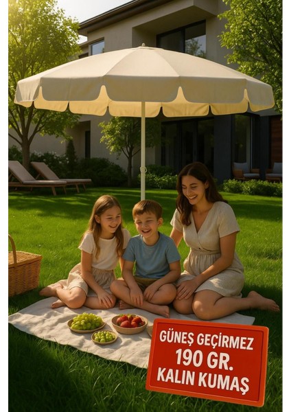 Şemsiye Plaj, Güneş ve Balkon Şemsiyesi Krem Renk Kalın Kumaş 10 Telli 200CM Çap