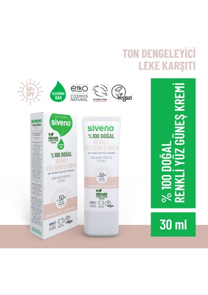 %100 Doğal Yüz Güneş Kremi Renkli Ton Eşitleyici Leke Karşıtı Uva Uvb spf 50+ 30 ml