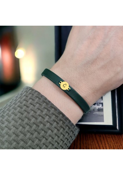 14 Ayar Altın Plakalı Ğ Harfine Özel Koyu Yeşil Derili Yuvarlak Motifli Hediye BILEKLIK-543HARF fiyatları