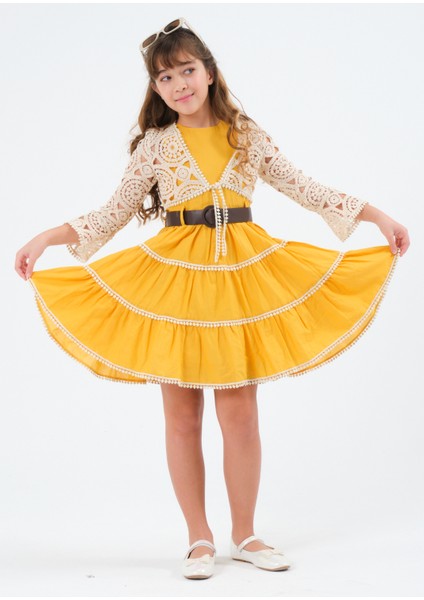 Kızçocuk Dantel Yelekli %100 Pamuklu Vual Yazlık Baharlık Elbise