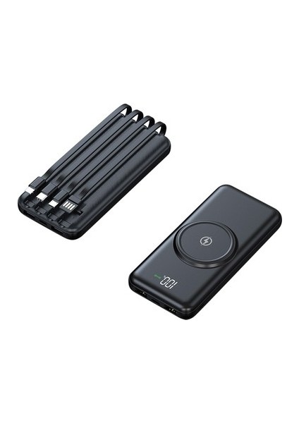 10.000 Mah Dijital Göstergeli Dahili Çoklu Kablolu Powerbank,siyah,taşınabilir Wireless Şarj Cihaz