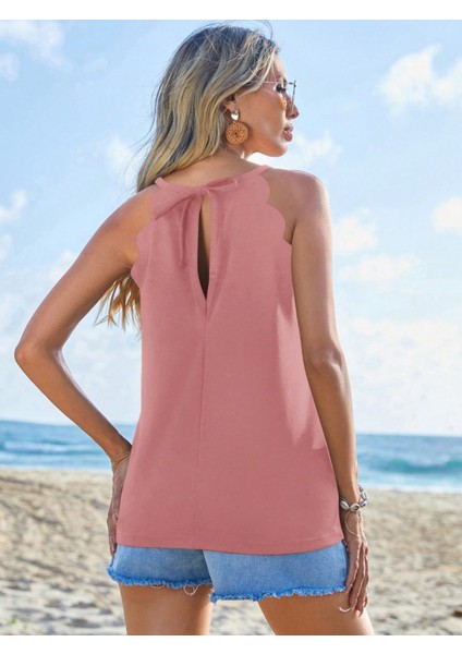 Kadın Toz Pembe Krep Kumaş Askısı Boyundan Bağlamalı Omuzları Dalga Detaylı Bluz fırsatları
