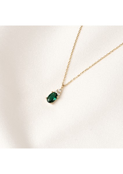 Altın Kolye - Zümrüt Oval Taşlı 14 Ayar Altın Kolye