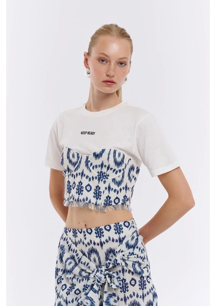 Desenli Kumaş Matchli Tişört Ekru