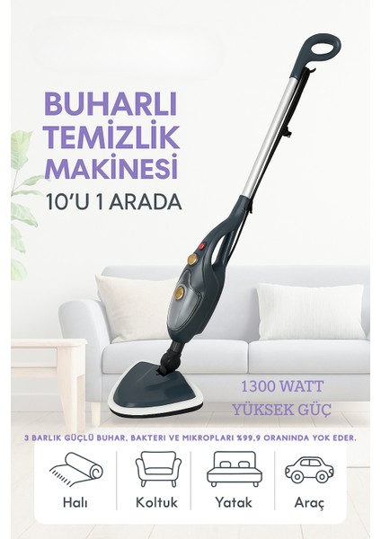 10'u 1 Arada Buharlı Temizlik Makinesi - 1300W Yüksek Güç, 3 Bar Basınç, 10 Başlık