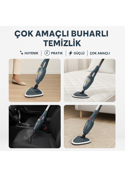 10'u 1 Arada Buharlı Temizlik Makinesi - 1300W Yüksek Güç, 3 Bar Basınç, 10 Başlık modelleri