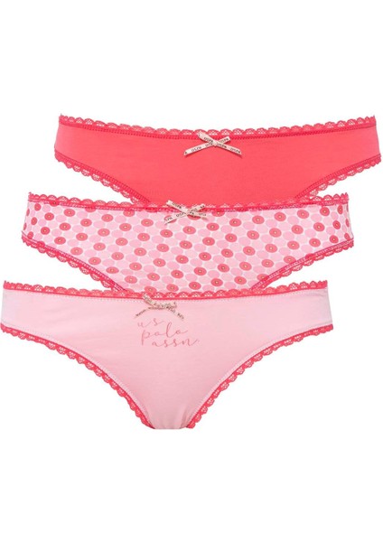 Lisanslı %95 Pamuklu Kadın Slip Külot 3'lü Özel Kutulu Paket / Mercan - Pembe - Baskılı