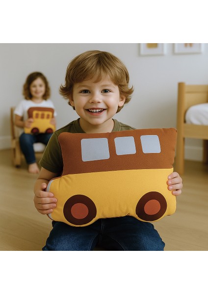 My City Araba Figür Yastığı – Montessori Temalı Sarı Minibüs Yastık | Çocuk Odası Dekoratif Uyku Arkadaşı