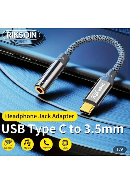 Type-C To 3.5mm Jack Aux Dac Çip+Hi-Fi Ses Teknolojisi Ce Lisanslı Kulaklık Çevirici Dönüştürücü Hasır Örgülü Sağlam Orjinal