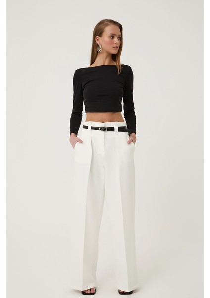 Kemer Detaylı Yüksek Bel Geniş Paça Pantolon - Taş