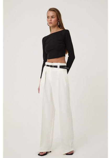 Kemer Detaylı Yüksek Bel Geniş Paça Pantolon - Taş fırsatları
