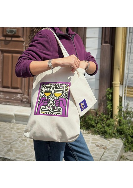 Dikey I %100 Ham Gabardin Kumaş Çanta I Celebration I 35X45CM Cüzdanlı Bez Çanta