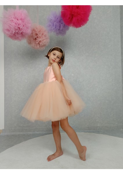 Kız Çocuk Abiye Elbise Ada Model , Somon Tütü Elbise