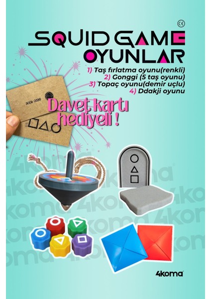 Squid Game Oyun Seti Oyunlar 4'lü Oyun Seti Metal Uçlu Topaç/gonggi/ddakji/taş Fırlatma
