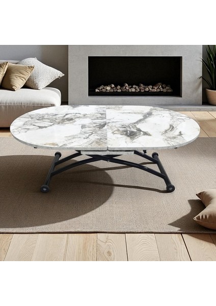 Ortadan Açılır Oval Akıllı Masa Mdf Tabla Siyah Ayaklı Yükseklik Ayarlı