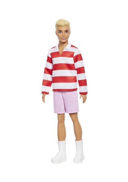 Fashionistas Ken Bebek Sarışın Kırmızı Beyaz Çizgili Tişört ve Pembe Şort ile 3+ Yaş