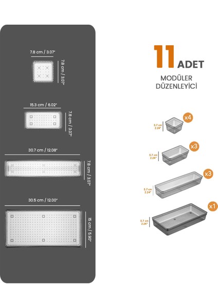 11 Parça Modüler Kaşıklık Seti - Ayarlanabilir Mutfak Çekmece Içi Düzenleyici Organizer Antrasit fiyatları