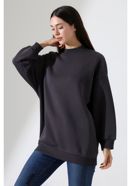 Yarım Balıkçı Yaka Şardonlu Salaş Basic Kadın Oversize Tunik Sweatshirt 21910 Füme