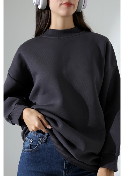 Yarım Balıkçı Yaka Şardonlu Salaş Basic Kadın Oversize Tunik Sweatshirt 21910 Füme fiyatları