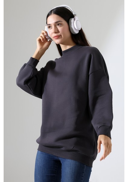 Yarım Balıkçı Yaka Şardonlu Salaş Basic Kadın Oversize Tunik Sweatshirt 21910 Füme modelleri