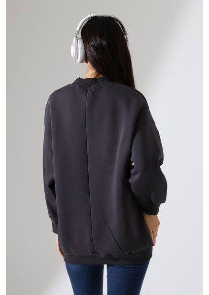 Yarım Balıkçı Yaka Şardonlu Salaş Basic Kadın Oversize Tunik Sweatshirt 21910 Füme fırsatları