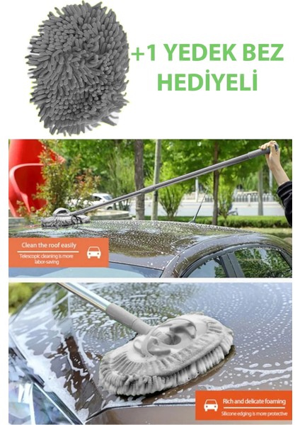 Araba Yıkama Fırçası Mikrofiber Bezli Teleskopik Saplı +1 Yedek Bez Hediyeli