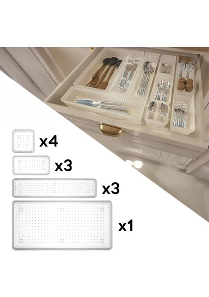 11 Parça Modüler Kaşıklık Seti - Ayarlanabilir Mutfak Çekmece Içi Düzenleyici Organizer Şeffaf