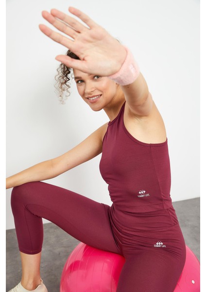 Bordo Yüksek Bel Kapri-Crop Atlet Slim Fit Kadın Tayt Takım - 95284 modelleri