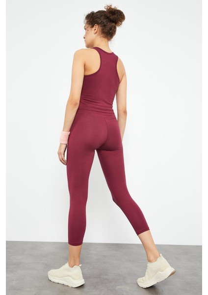 Bordo Yüksek Bel Kapri-Crop Atlet Slim Fit Kadın Tayt Takım - 95284