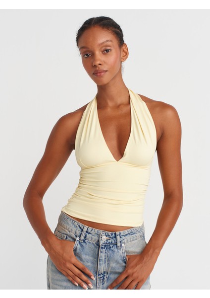 31968 Büzgülü Halter Yaka Top-Sarı