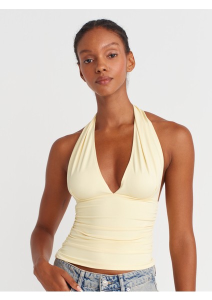 31968 Büzgülü Halter Yaka Top-Sarı modelleri