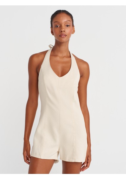 72029 Boyundan Bağlamalı Kısa Denim Tulum-Taş