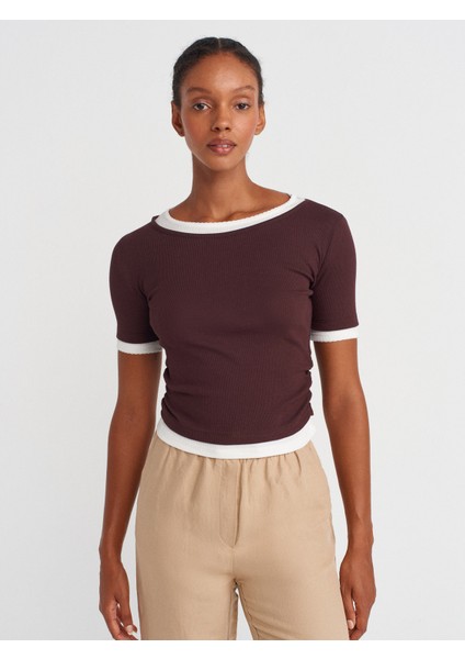 31942 Çift Katlı Büzgülü T-Shirt-Kahve