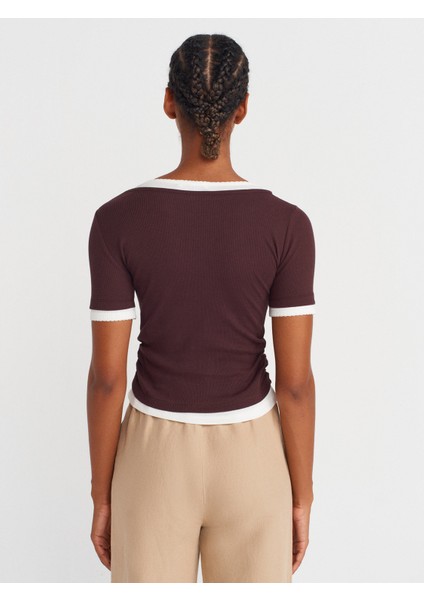 31942 Çift Katlı Büzgülü T-Shirt-Kahve fiyatları