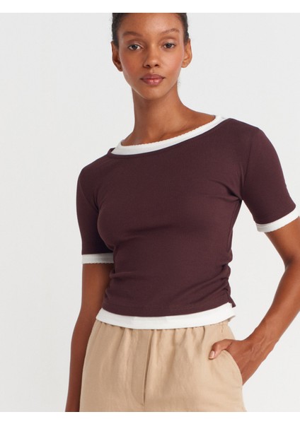 31942 Çift Katlı Büzgülü T-Shirt-Kahve modelleri