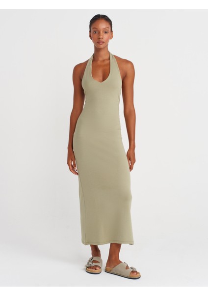91476 Halter Yaka Midi Elbise-Çağla
