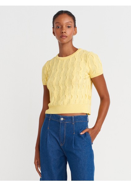 10788 Bisiklet Yaka Dokulu Triko Bluz-Sarı