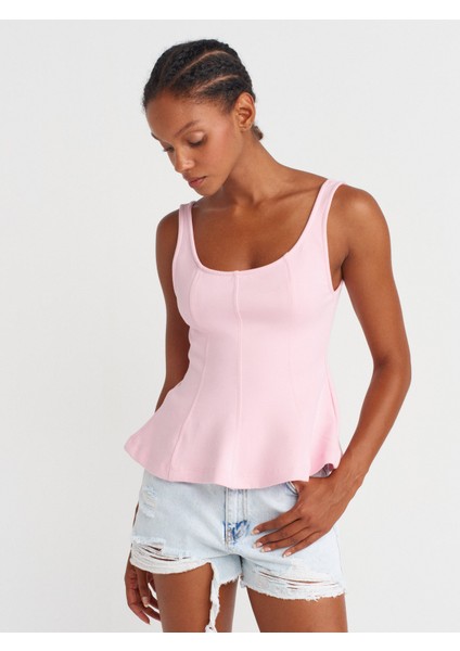 21063 Kalın Askılı Peplum Top-Toz Pembe