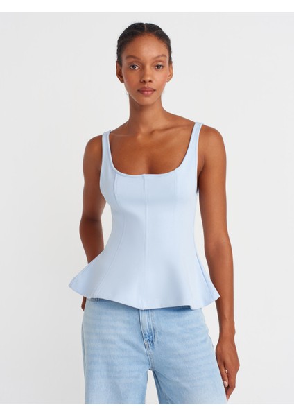 21063 Kalın Askılı Peplum Top-Açık Mavi